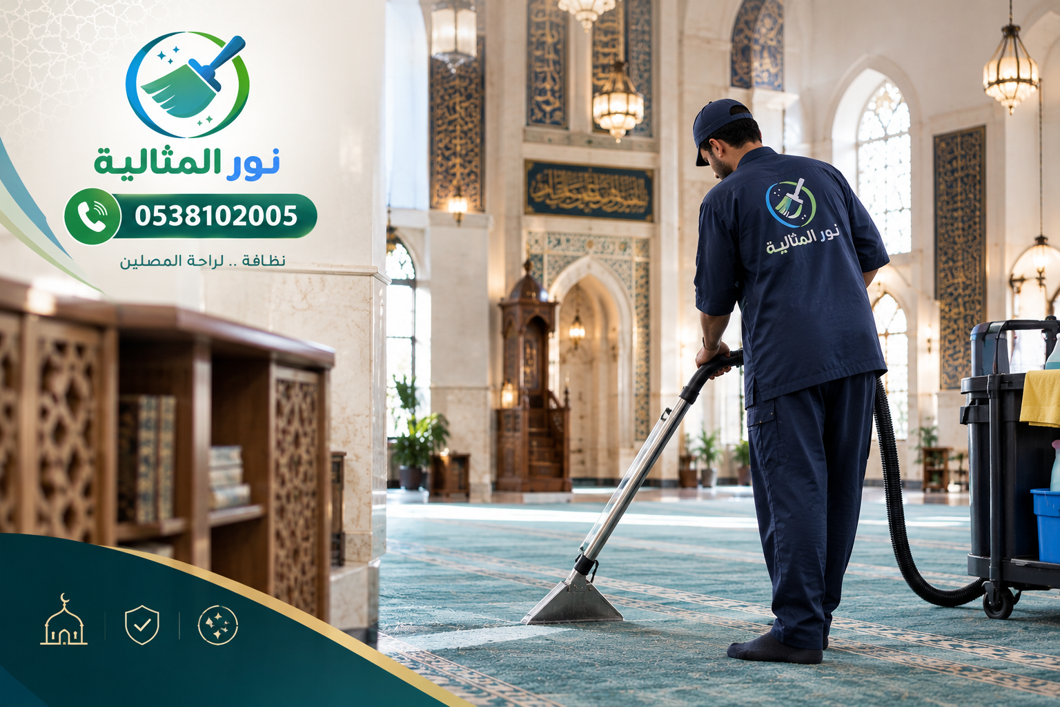 عامل متخصص ينظف سجاد مسجد بالرياض باستخدام جهاز غسيل السجاد