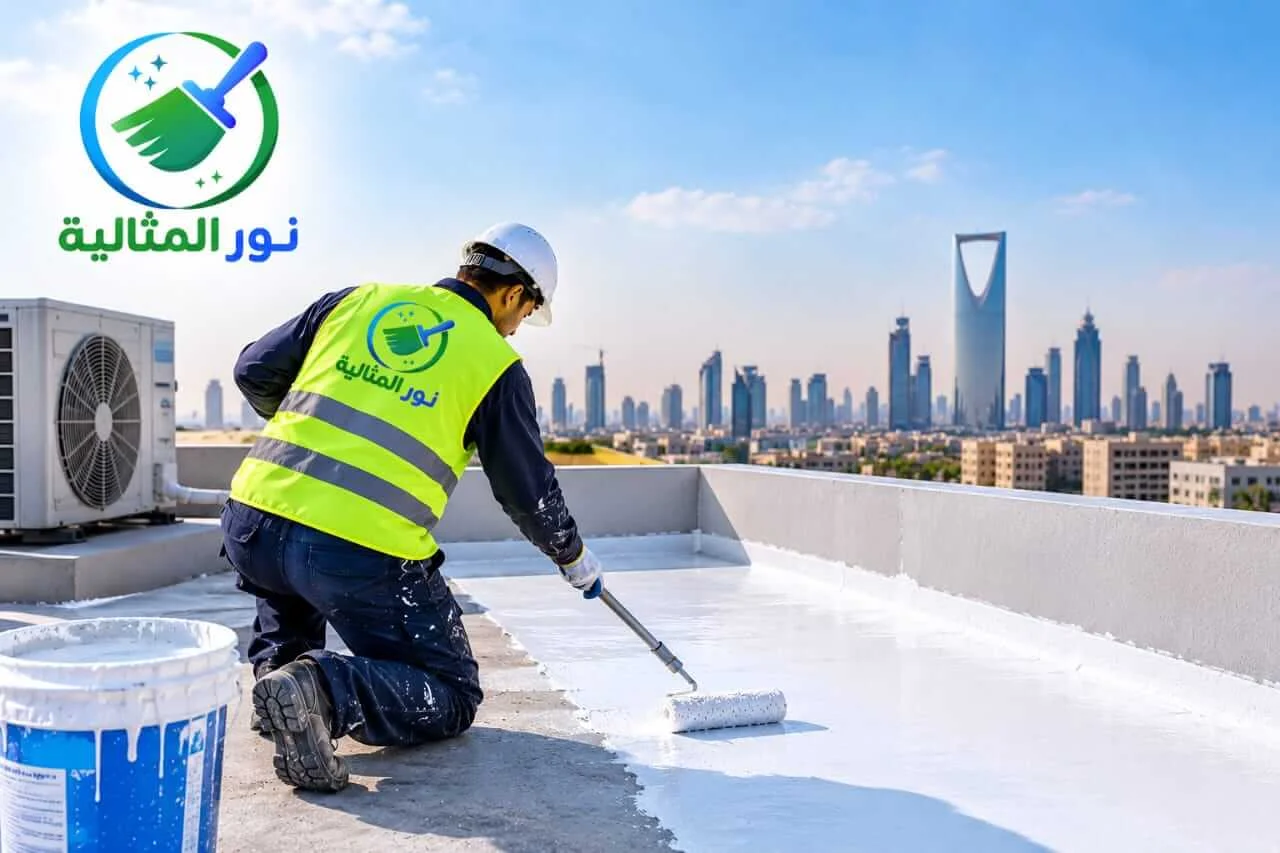 فني عزل أسطح بالرياض يطبق مواد العزل على أرضية السطح.
