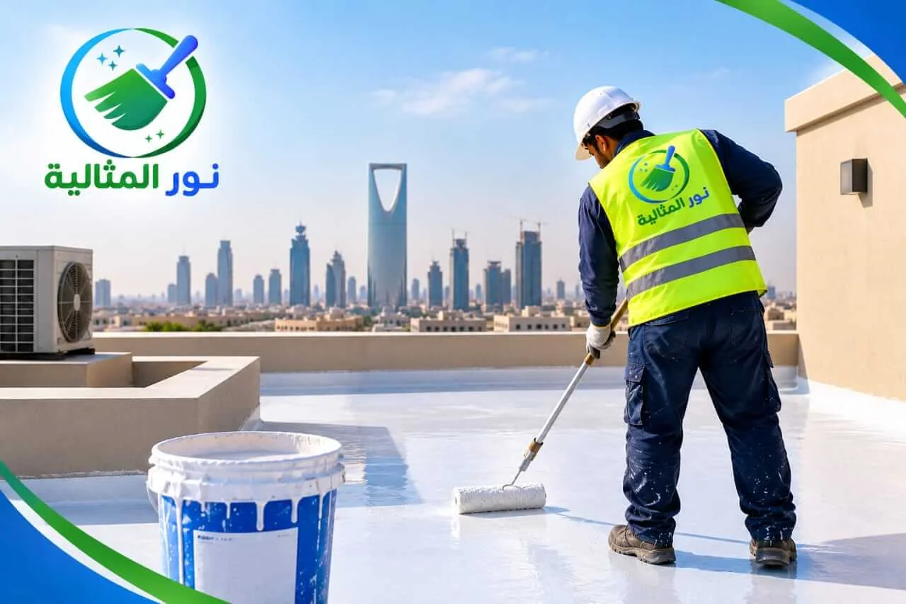 أعمال عزل مائي لسطح مبنى بالرياض للحد من تسرب مياه الأمطار.