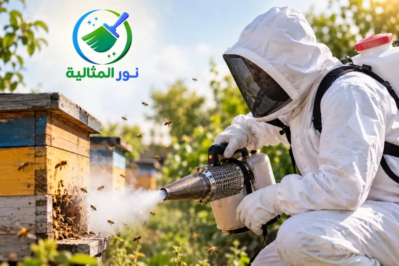 فني يرتدي بدلة واقية ويتعامل مع خلايا النحل باستخدام جهاز متخصص.