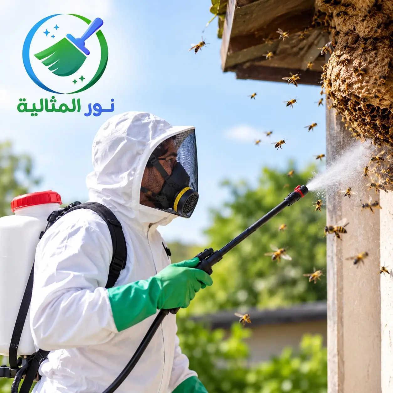 فني مكافحة النحل يرتدي بدلة واقية ويرش على خلية نحل أسفل سقف أحد المباني.