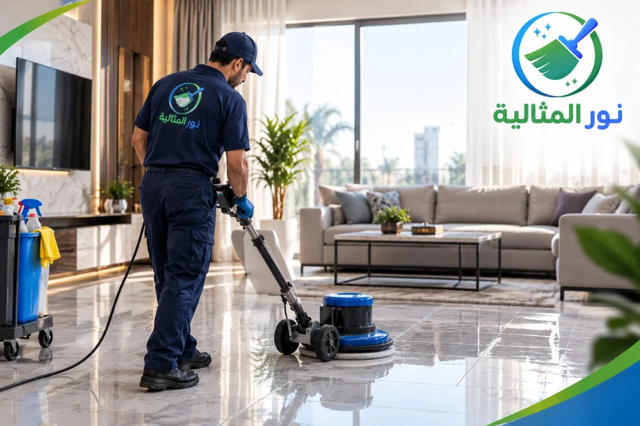 عامل شركة جلي بلاط بالرياض يستخدم معدات متخصصة لتنظيف وتلميع الأرضيات.